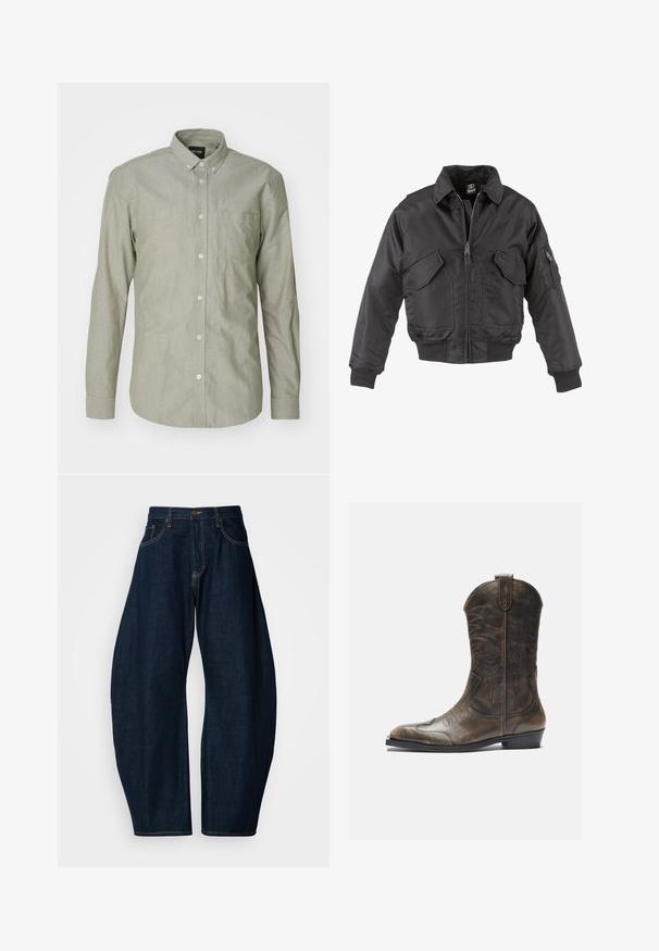 Zwarte bomberjack gemaakt van nylon, met een ritssluiting aan de voorkant, twee grote borstzakken, geribde boorden en een staande kraag.; Lichtgroene, langarm overhemd met knoopsluiting, gemaakt van katoen. Beschikt over een kraag, een borstzak en een knoopsluiting aan de voorkant. Soepele textuur.; Zwarte polo met korte mouwen, gemaakt van gladde stof. Voorzien van een klassieke kraag en een drieknops sluiting, met een subtiele logo op de borst.; Donkerblauwe denim jeans met een wijde broekspijpen ontwerp, met opvallende stiksels, vijf zakken en een messing knoopsluiting op de tailleband.; Bruine leren cowboylaars met een hoge schacht, spitse neus, ingewikkelde stikpatronen en een kleine hak. Gevarieerde afwerking overal.