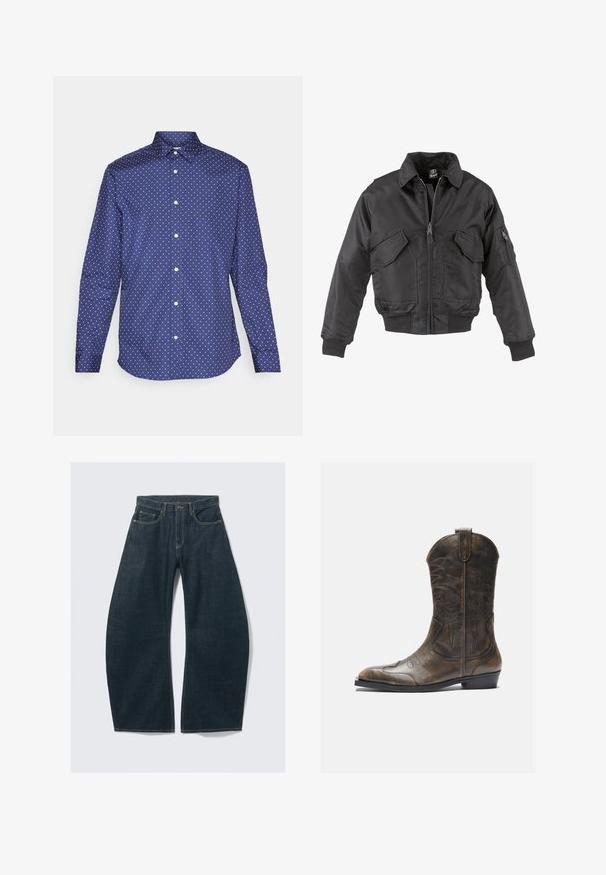 Fekete bomber dzseki nylonból, elülső cipzárral, két nagy mellzsebbel, bordázott mandzsettákkal és álló gallérral.; Sötétkék mintás ing sima anyagból, kis fehér gyémántformákkal, klasszikus gallérral és gombos elülső zárással.; Sötétkék, bőszárú farmernadrág, öt zsebbel, látható varrással, gombos záródással és tiszta kivitelezéssel.; Barna bőr cowboy csizma magas szárral, hegyes orral, bonyolult varrási mintákkal és kis sarokkal. Az egész felületén texturált befejezés.