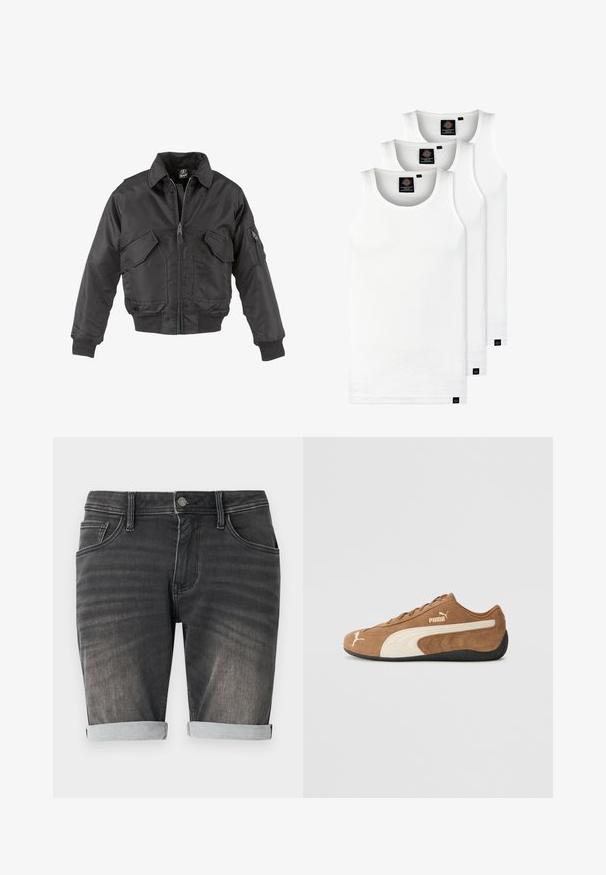 Fekete bomber dzseki nylonból, elülső cipzárral, két nagy mellzsebbel, bordázott mandzsettákkal és álló gallérral.; Három fehér csíkos pamut trikó. Felső része kerek nyakkivágású, és a szegély közelében kis fekete címkék találhatók. Több méretben elérhető.; Szürke farmer rövidnadrág, feltekerhető szegéllyel, öt zsebes kialakítással, gombos záródással és finom kopásokkal a szöveten.; Barna nubuk alacsony szárú sportcipő krém színű díszítéssel, texturált felső résszel, fekete gumitalppal, és hímezett logóval az oldalon és a nyelvén.