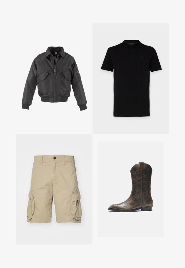 Fekete bomber dzseki nylonból, elülső cipzárral, két nagy mellzsebbel, bordázott mandzsettákkal és álló gallérral.; Fekete pólóing rövid ujjakkal, sima anyagból. Klasszikus gallérral és háromgombos záródással rendelkezik, a mellkason pedig egy diszkrét logó található.; Beige színű cargo short, 100% pamut anyagból készült, oldalsó zsebekkel, gombos záródással és egyenes vonalú fazonnal. Simább textúra.; Barna bőr cowboy csizma magas szárral, hegyes orral, bonyolult varrási mintákkal és kis sarokkal. Az egész felületén texturált befejezés.