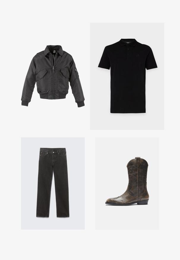 Schwarze Bomberjacke aus Nylon, mit Reißverschluss vorne, zwei großen Brusttaschen, gerippten Bündchen und Stehkragen.; Schwarzes Polo-Shirt mit kurzen Ärmeln, aus glattem Stoff gefertigt. Verfügt über einen klassischen Kragen und eine drei-Knopf-Leiste, mit einem dezenten Logo auf der Brust.; Schwarze Denim-Jeans mit geradem Bein in klassischem Fünf-Taschen-Design, mit orangefarbenen Nähten und Reißverschluss.; Braune Leder-Cowboystiefel mit hohem Schaft, spitzem Zehenbereich, aufwendigen Stickmustern und kleinem Absatz. Strukturierte Oberflächenbeschaffenheit.