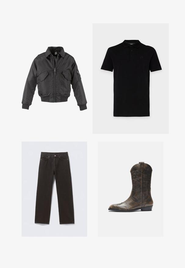 Mustata bomber-jakk, mis on valmistatud nailonist, millel on lukuga eesosa, kaks suurt rinda taskut, ribaliselt ääristatud mansetid ja seisev krae.; Must musta särk lühikeste varrukatega, valminud siledast kangast. Omab klassikalist krae ja kolme nööbiga auku, rinnal on diskreetne logo.; Mustmustelged teksased otse jalgade kujundusega, viie taskuga ja vaskvärvi õmblustega. Sujuv tekstuur, klassikaline nööbiga kinnitamine vööl.; Pruun nahast cowboy saapad, millel on pikk vars, terav varvas, keerukad õmblusmustrid ja väike konts. Ühtlane tekstuur kogu ulatuses.