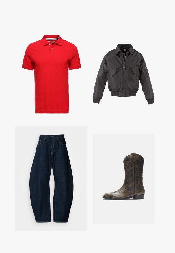 Zwarte bomberjack gemaakt van nylon, met een ritssluiting aan de voorkant, twee grote borstzakken, geribde boorden en een staande kraag.; Rode katoenen polo met een kraag, voorzien van twee knopen en een gestreepte binnenhals. Korte mouwen en een standaard fit ontwerp.; Donkerblauwe denim jeans met een wijde broekspijpen ontwerp, met opvallende stiksels, vijf zakken en een messing knoopsluiting op de tailleband.; Bruine leren cowboylaars met een hoge schacht, spitse neus, ingewikkelde stikpatronen en een kleine hak. Gevarieerde afwerking overal.