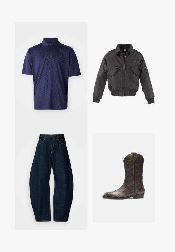 Černá bomber bunda vyrobená z nylonu, s předním zipem, dvěma velkými náprsními kapsami, ribovanými manžetami a stojáčkovým límcem.; Námořnická modrá polokošile vyrobená z prodyšné tkaniny, zdobená texturovaným geometrickým vzorem a tříknoflíkovou léga. Malé logo na hrudi.; Tmavě modré džíny z denimu s širokým střihem, které mají výrazné švy, pět kapes a mosazné zapínání v pase.; Hnědé kožené kovbojské boty s vysokým sálem, špičatou špičkou, složitými vyšívanými vzory a malým podpatkem. Texturovaný povrch po celé délce.