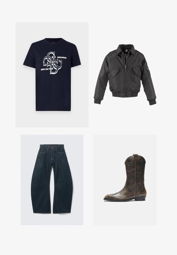Zwarte bomberjack gemaakt van nylon, met een ritssluiting aan de voorkant, twee grote borstzakken, geribde boorden en een staande kraag.; Navy katoen t-shirt met korte mouwen met een grafisch logo ontwerp in het wit. Tekst bevat "Guess," "Worldwide" en "Since 1981."; Donkerblauwe wijd uitlopende jeans van denim, met vijf zakken, zichtbare stiksels, een knoopsluiting en een nette afwerking.; Bruine leren cowboylaars met een hoge schacht, spitse neus, ingewikkelde stikpatronen en een kleine hak. Gevarieerde afwerking overal.