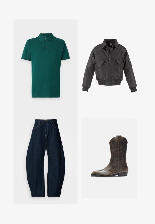Černá bomber bunda vyrobená z nylonu, s předním zipem, dvěma velkými náprsními kapsami, ribovanými manžetami a stojáčkovým límcem.; Zelená polo košile vyrobená z bavlny. Má klasický límec, krátké rukávy a tři knoflíky na krku. Hladká textura.; Tmavě modré džíny z denimu s širokým střihem, které mají výrazné švy, pět kapes a mosazné zapínání v pase.; Hnědé kožené kovbojské boty s vysokým sálem, špičatou špičkou, složitými vyšívanými vzory a malým podpatkem. Texturovaný povrch po celé délce.