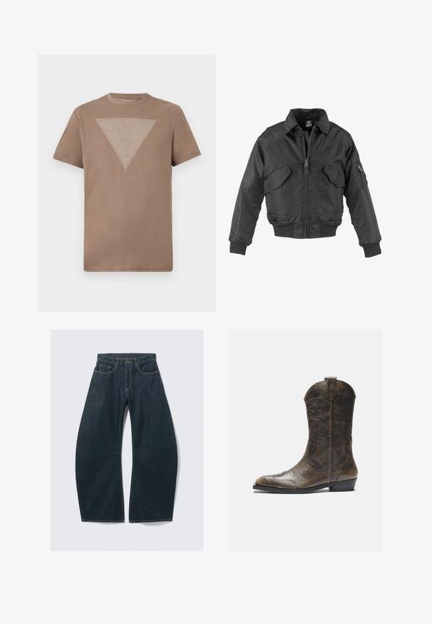 Fekete bomber dzseki nylonból, elülső cipzárral, két nagy mellzsebbel, bordázott mandzsettákkal és álló gallérral.; Egyszínű barna rövid ujjú póló, amelynek mellkasán egy nagy fordított háromszög grafika található, finom fehér függőleges vonalakkal.; Sötétkék, bőszárú farmernadrág, öt zsebbel, látható varrással, gombos záródással és tiszta kivitelezéssel.; Barna bőr cowboy csizma magas szárral, hegyes orral, bonyolult varrási mintákkal és kis sarokkal. Az egész felületén texturált befejezés.