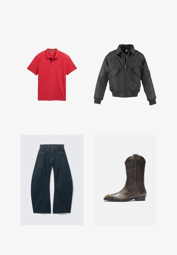 Schwarze Bomberjacke aus Nylon, mit Reißverschluss vorne, zwei großen Brusttaschen, gerippten Bündchen und Stehkragen.; Rotes Polohemd aus Baumwolle mit klassischem Kragen, Zwei-Knopf-Leiste und einem kontrastierenden schwarzen Akzent am Hals. Mit Logodetail.; Dunkelblaue Jeans mit weitem Bein aus Denim, mit fünf Taschen, sichtbaren Nähten, Knopfverschluss und sauberem Finish.; Braune Leder-Cowboystiefel mit hohem Schaft, spitzem Zehenbereich, aufwendigen Stickmustern und kleinem Absatz. Strukturierte Oberflächenbeschaffenheit.