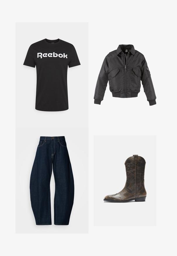 Schwarze Bomberjacke aus Nylon, mit Reißverschluss vorne, zwei großen Brusttaschen, gerippten Bündchen und Stehkragen.; Schwarzes Baumwoll-T-Shirt mit einem großen weißen "Reebok"-Logo über der Brust. Kurze Ärmel und Rundkragen-Design.; Dunkelblaue Jeans mit weitem Bein, ausgeführt mit auffälligen Nähten, fünf Taschen und einem Messingknopfverschluss am Bund.; Braune Leder-Cowboystiefel mit hohem Schaft, spitzem Zehenbereich, aufwendigen Stickmustern und kleinem Absatz. Strukturierte Oberflächenbeschaffenheit.