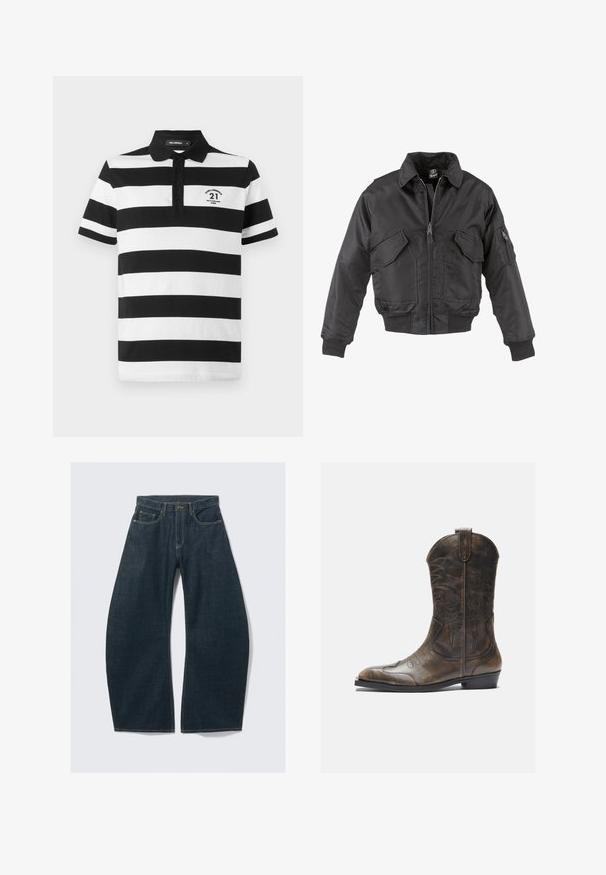 Svart bomberjacka i nylon med dragkedja fram, två stora bröstfickor, ribbstickade ärmslut och ståkrage.; Svart och vit randig polo skjorta med krage, treknapps knappslå och en liten logotyp med "21" och "PARIS" på vänster bröst.; Mörkblå jeans med vida ben i denim, med fem fickor, synliga sömmar, knappstängning och en ren finish.; Brun läder cowboystövel med en hög skafthöjd, spetsig tå, intrikata sömnadsmönster och en liten klack. Texturerad yta hela vägen.