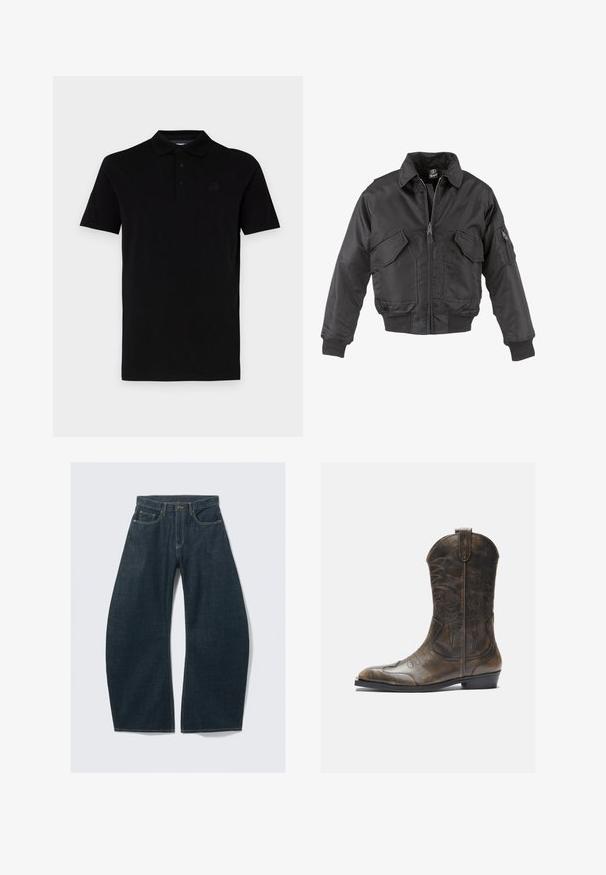 Čierna bomber bunda vyrobená z nylonu, so zipsom na prednej strane, dvoma veľkými hrudnými vreckami, rebrovanými manžetami a stojatým golierom.; Čierna polokošeľa s krátkymi rukávmi, vyrobená z hladkej látky. Má klasický golier a trojica gombíkov, s decentným logom na hrudi.; Tmavomodré džínsy s širokými nohavicami vyrobené z denimu, obsahujúce päť vreciek, viditeľné švy, zapínanie na gombík a čistý vzhľad.; Hnedá kožená kovbojská topánka s vysokým ťahom, špicatou špičkou, zložitými vyšívacími vzormi a malým opätkom. Textúrovaný povrch po celom obvode.