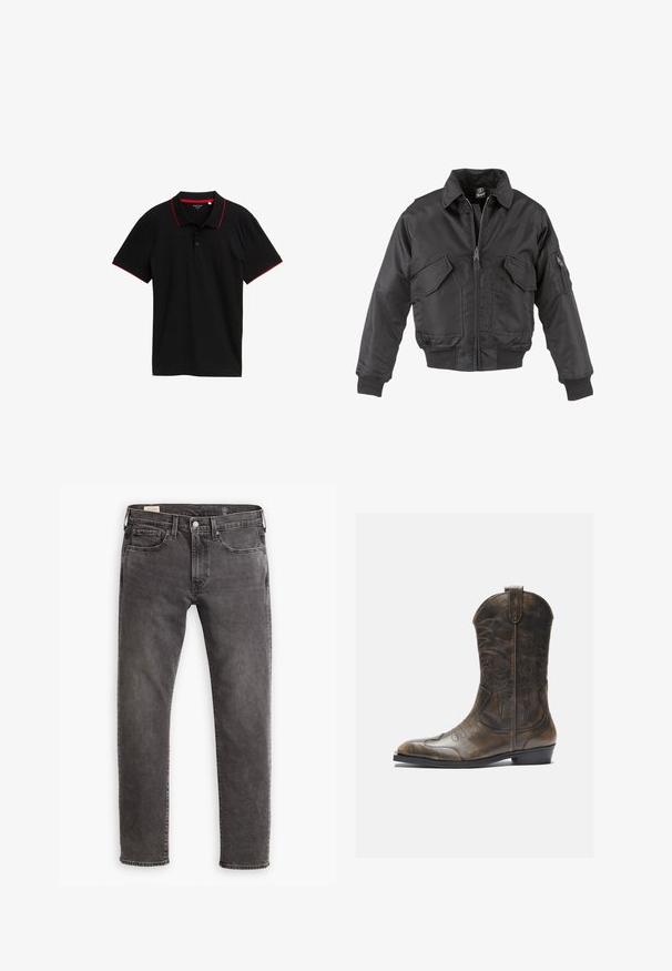 Zwarte bomberjack gemaakt van nylon, met een ritssluiting aan de voorkant, twee grote borstzakken, geribde boorden en een staande kraag.; Zwarte polo met een gestructureerde stof, rode accenten op de kraag en mouwen, knoopsluiting met drie knopen, korte mouwen en geen zichtbare patronen.; Grijze denim jeans met een rechte snit, een vijf-pocket ontwerp en een knoopsluiting. Voorzien van subtiele vervaging en tonale stiksels overal.; Bruine leren cowboylaars met een hoge schacht, spitse neus, ingewikkelde stikpatronen en een kleine hak. Gevarieerde afwerking overal.