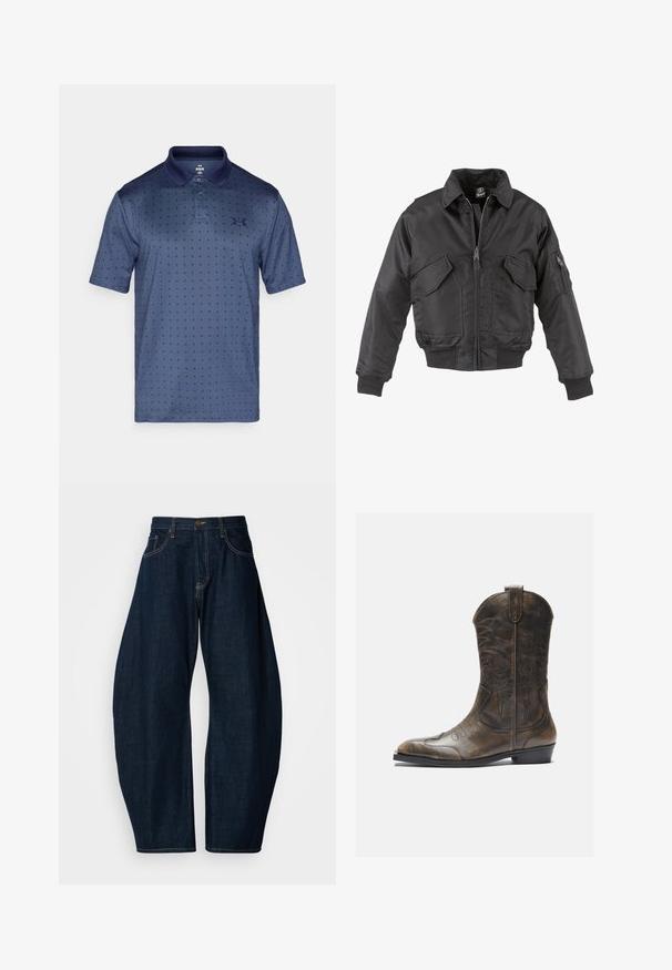 Čierna bomber bunda vyrobená z nylonu, so zipsom na prednej strane, dvoma veľkými hrudnými vreckami, rebrovanými manžetami a stojatým golierom.; Námořní modré polo tričko vyrobené z prodyšné látky, s jemným vzorem hvězdiček, dvoupoložkovým zapínáním a límečkem. Logo Under Armour na hrudi.; Tmavomodré denimmové nohavice s širokým strihom, ktoré majú výrazné švy, päť vreciek a mosadzný gombík na uzatváranie v páse.; Hnedá kožená kovbojská topánka s vysokým ťahom, špicatou špičkou, zložitými vyšívacími vzormi a malým opätkom. Textúrovaný povrch po celom obvode.