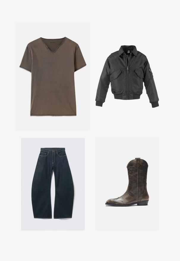 Zwarte bomberjack gemaakt van nylon, met een ritssluiting aan de voorkant, twee grote borstzakken, geribde boorden en een staande kraag.; Bruin T-shirt met korte mouwen en V-hals, vier decoratieve knopen bij de hals en contrasterende stiksels langs de randen.; Donkerblauwe wijd uitlopende jeans van denim, met vijf zakken, zichtbare stiksels, een knoopsluiting en een nette afwerking.; Bruine leren cowboylaars met een hoge schacht, spitse neus, ingewikkelde stikpatronen en een kleine hak. Gevarieerde afwerking overal.