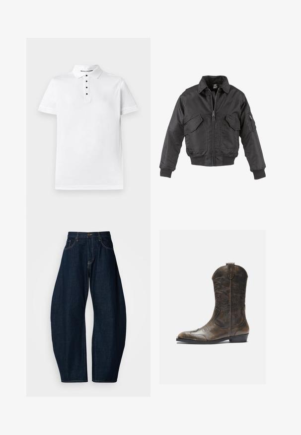 Melnā bumbiera jaka, izgatavota no neilona, ar zipa priekšpusi, divām lielām krūšu kabatām, ribotām piedurknēm un stāvošo apkakli.; Balta kokvilnas polo krekls ar klasisku apkakli, piecu pogu slēgšanu ar melnām pogām un mazu izšūtu logo uz krūšu.; Tumši zili džinsi ar platu kāju dizainu, kas izceļas ar izteiktu šuvju, piecām kabatām un misiņa pogas aizdari jostas vietā.; Brūnas ādas kovboju zābaki ar garu kāju, norādītu purngalu, sarežģītām šuvju rakstībām un mazu papēdi. Virsma ar faktūru visā zābakā.