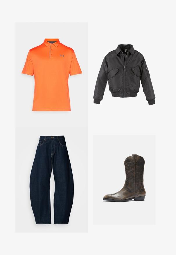 Schwarze Bomberjacke aus Nylon, mit Reißverschluss vorne, zwei großen Brusttaschen, gerippten Bündchen und Stehkragen.; Oranges Poloshirt mit kurzen Ärmeln, kragenförmigem Ausschnitt und einer Drei-Knopf-Leiste. Es hat eine subtile Textur und ein kleines graues Logo auf der Brust.; Dunkelblaue Jeans mit weitem Bein, ausgeführt mit auffälligen Nähten, fünf Taschen und einem Messingknopfverschluss am Bund.; Braune Leder-Cowboystiefel mit hohem Schaft, spitzem Zehenbereich, aufwendigen Stickmustern und kleinem Absatz. Strukturierte Oberflächenbeschaffenheit.