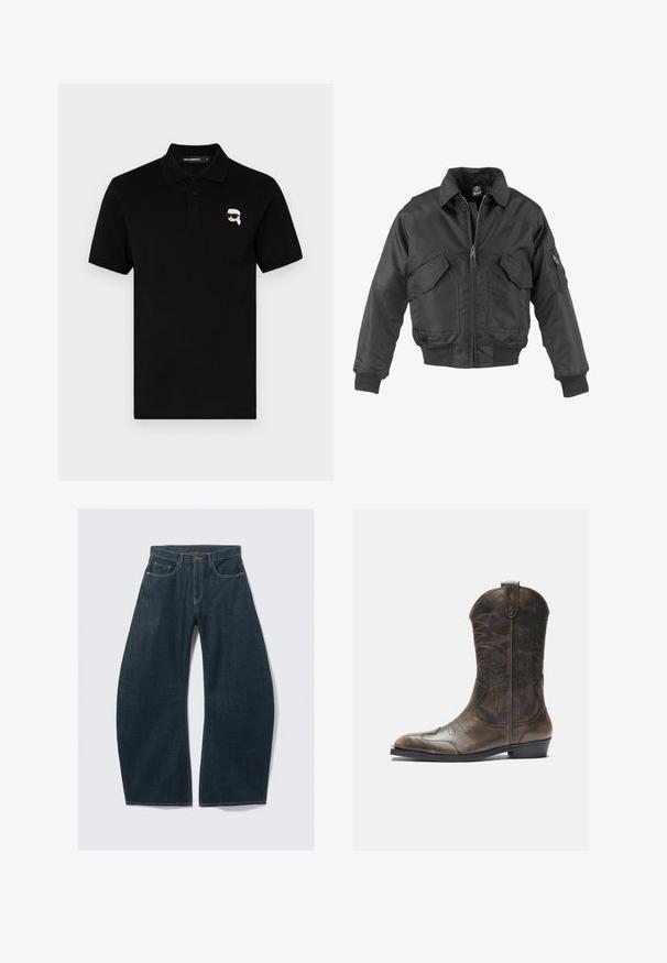 Svart bomberjakke laget av nylon, med glidelås foran, to store brystlommer, ribbestrikkede mansjetter og stående krage.; Svart polo skjorte i bomull med krage, tre knapper og en liten hvit logo på venstre bryst. Korte ermer og rett snitt.; Mørkeblå jeans med vide ben laget av denim, med fem lommer, synlige sømmer, knappelukking og en ren finish.; Brune lær cowboy støvler med høy skaft, spiss tå, intrikate broderimønstre og en liten hæl. Teksturert finish overalt.