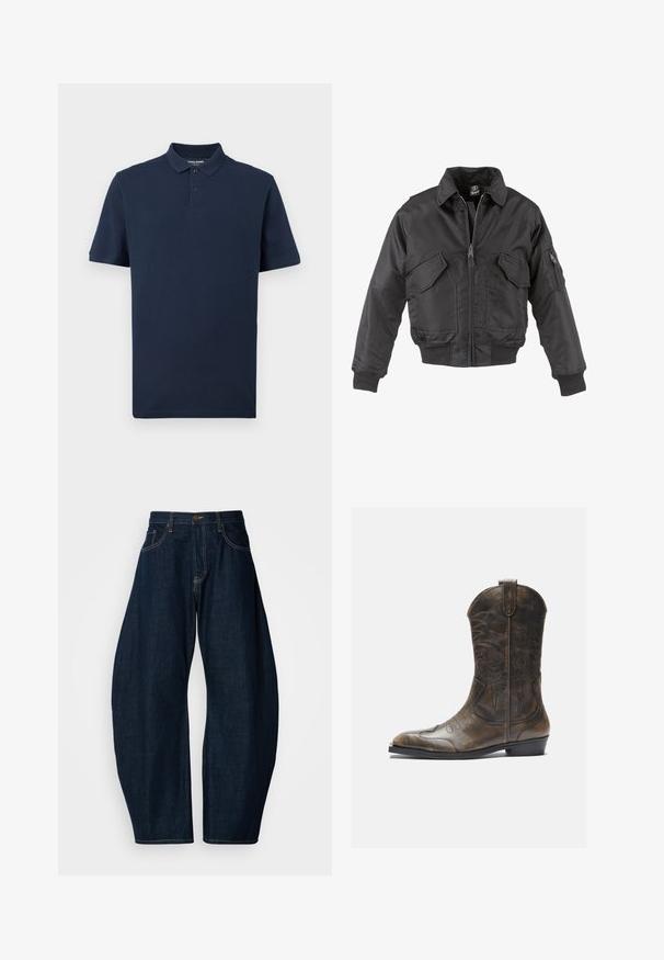 Giubbotto bomber nero in nylon, con zip frontale, due grandi tasche sul petto, polsini a costine e colletto rialzato.; Polo shirt blu navy realizzato in morbido cotone. Presenta un colletto classico, una patta con due bottoni e maniche corte. Logo discreto sul petto.; Jeans in denim blu scuro con un design a gamba larga, caratterizzati da cuciture evidenti, cinque tasche e una chiusura con bottone di ottone in vita.; Stivale da cowboy in pelle marrone con gambale alto, punta affusolata, motivi di cucitura intricati e tacco basso. Finitura testurizzata in tutto lo stivale.