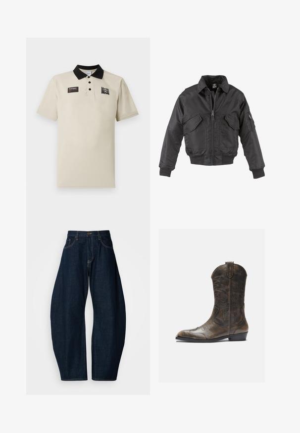 Veste bomber noire en nylon, avec une fermeture éclair à l'avant, deux grandes poches sur la poitrine, des poignets côtelés et un col montant.; Polo beige en tissu lisse, avec un col noir, trois boutons et un motif graphique sur la poitrine gauche en noir et rouge.; Jean en denim bleu foncé avec une coupe large, doté de coutures visibles, de cinq poches et d'une fermeture à bouton en laiton à la taille.; Botte de cow-boy en cuir marron avec un long tige, un bout pointu, des motifs de couture complexes et un petit talon. Finition texturée tout au long.