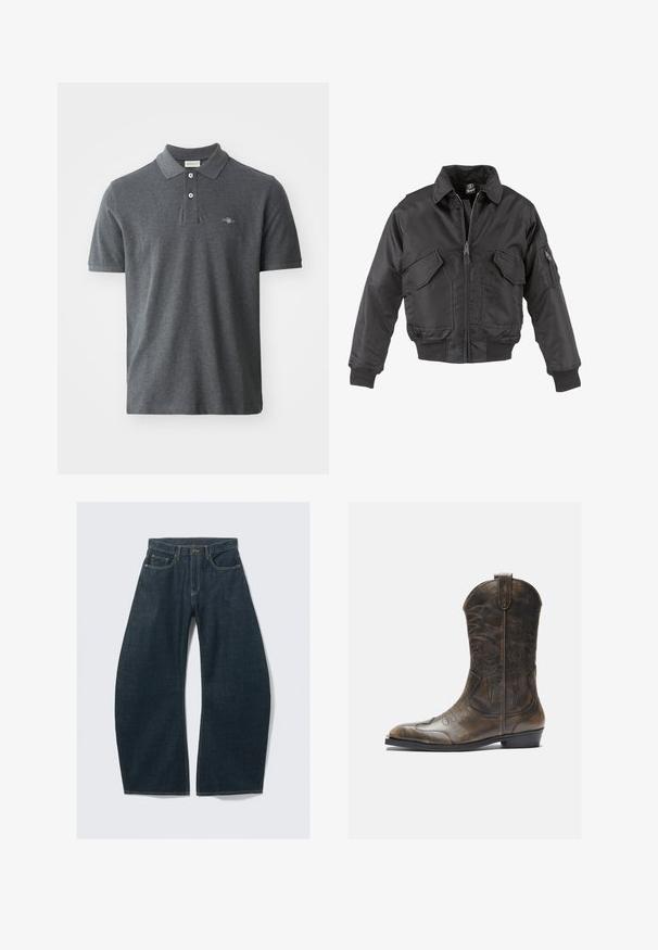 Zwarte bomberjack gemaakt van nylon, met een ritssluiting aan de voorkant, twee grote borstzakken, geribde boorden en een staande kraag.; Donkergrijze polo shirt gemaakt van katoen. Heeft een klassieke kraag, een driestuks knoopsluiting, korte mouwen en een klein geborduurd logo op de borst.; Donkerblauwe wijd uitlopende jeans van denim, met vijf zakken, zichtbare stiksels, een knoopsluiting en een nette afwerking.; Bruine leren cowboylaars met een hoge schacht, spitse neus, ingewikkelde stikpatronen en een kleine hak. Gevarieerde afwerking overal.