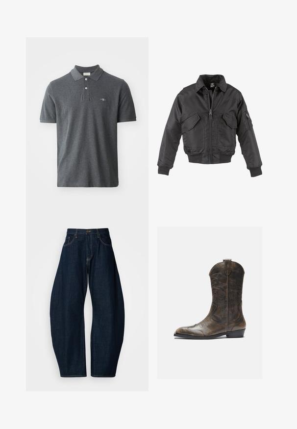 Czarna kurtka bombowa z nylonu, z zapięciem na zamek, dwiema dużymi kieszeniami na piersi, ściągaczami na mankietach i stójką.; Czarna szara koszulka polo wykonana z bawełny. Posiada klasyczny kołnierzyk, zapięcie na trzy guziki, krótkie rękawy oraz małe haftowane logo na klatce piersiowej.; Ciemnoniebieskie dżinsy o szerokim kroju, z wyraźnymi szwami, pięcioma kieszeniami i mosiężnym zapięciem na guzik w pasie.; Brązowy skórzany kowbojski but z wysoką cholewką, spiczastym noskiem, skomplikowanymi wzorami haftu i małym obcasem. Teksturalne wykończenie na całej powierzchni.