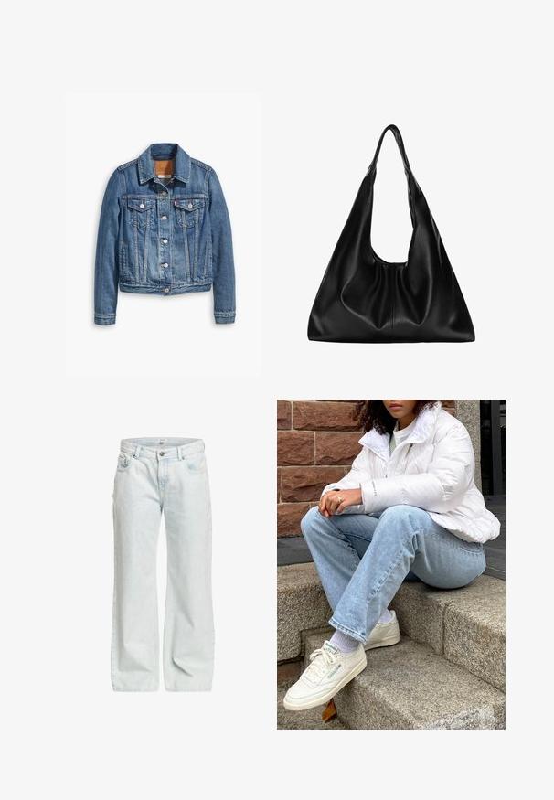 Giacca di denim azzurro chiaro con un design classico, caratterizzata da colletto, due tasche sul petto e chiusure con bottoni argentati.; T-shirt bianco a maniche corte realizzato in cotone, con colletto rotondo e vestibilità rilassata, senza motivi o grafiche visibili.; Jeans a gamba larga di colore azzurro chiaro realizzati in denim, dotati di chiusura a bottone, cinque tasche e una leggera texture scolorita.; Giacca a vento bianca con colletto alto, jeans in denim blu chiaro e sneakers bianche Reebok. Scale in pietra texturizzata sullo sfondo.; Borsa hobo in pelle nera con una forma morbida e curvata. Presenta un ampio manico superiore e pieghe alla base per una texture morbida.