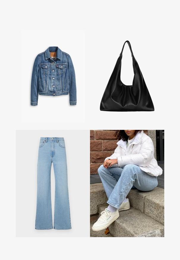 Svetlo modra denim jakna s klasičnim dizajnom, ki vključuje ovratnik, dva žepa na prsih in srebrne gumbne zaponke.; Bela kratkotrajna majica s kratkimi rokavi iz bombaža, ki ima okroglo ovratnico in sproščen kroj, brez vidnih vzorcev ali grafik.; Svetlo modri džins s širokim krojem, izdelan iz denima. Ima gumbasto zapiranje, pet žepov in minimalne šive.; Bela puffer jakna z visokim ovratnikom, svetlo modri kavbojke in bele Reebok superge. Teksturirani kamniti stopnice v ozadju.; Črna usnjena hobo torba z mehko, ukrivljeno obliko. Ima širok zgornji ročaj in gube na dnu, kar daje torbi udoben izgled.