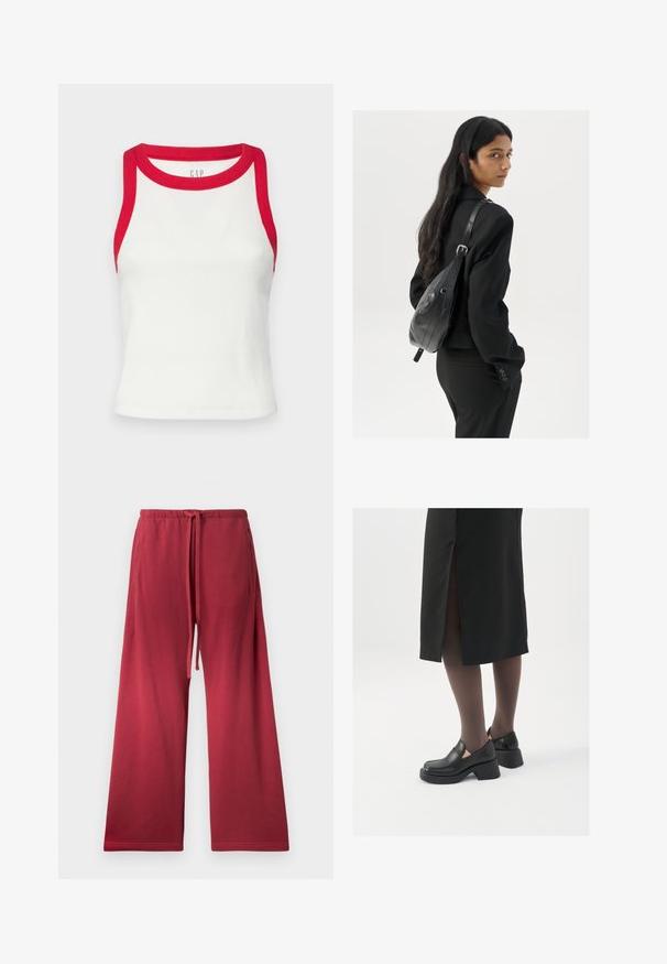 Svetlomodrá denimová bunda s klasickým dizajnom, ktorá má golier, dve vrecká na hrudi a strieborné gombíkové zapínanie.; Biely rebrovaný tielko s červeným lemovaním na krku a otvorech na rukávoch. Má priliehavý strih a rovný lem. Textúrovaná tkanina. Viditeľné logo značky.; Červené nohavice s širokými nohavicami vyrobené z mäkkého materiálu, s elastickým pásom a sťahovacou šnúrkou, a bočnými vreckami pre pohodlie.; Čierne kožené topánky s okrúhlou špičkou, silným blokovým opätkom a elastickými bočnými akcentmi, skombinované s tmavými pančuchami a čiernou sukňou so štiepením.; Žena s dlhými tmavými vlasmi, oblečená v čiernom obleku, nesúca čiernu koženú kabelku na ramene, pozerajúca cez rameno na bielom pozadí.