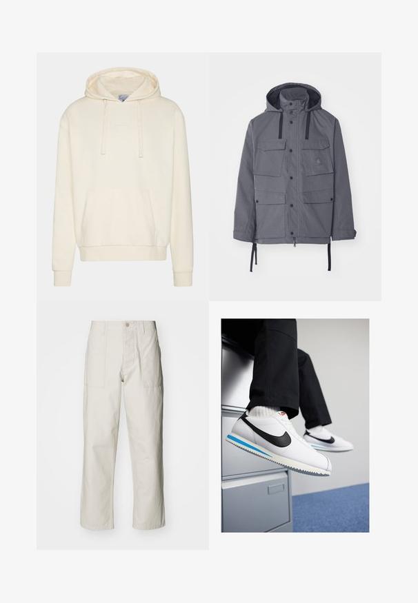 Szürke vízálló dzseki kapucnival, négy elülső zsebbel, patentgombokkal és állítható zsinórral a deréknál és az ujjaknál. Texturált anyag.; Krém színű kapucnis pulóver, zsinórral, kenguru zsebbel, bordás mandzsettával és aljjal. Diszkrét fehér hímzett logó található a mellrészen.; Világos bézs, bő szárú nadrág, pamutból készült. Elöl zsebekkel és gombos záródással rendelkezik. Simított textúrájú, finom függőleges csíkokkal.; Fehér bőr sportcipő fekete Nike logóval, világoskék és szürke gumitalppal, valamint klasszikus fűzős kialakítással. A lábak egy iratmegőrző szekrényen pihennek.