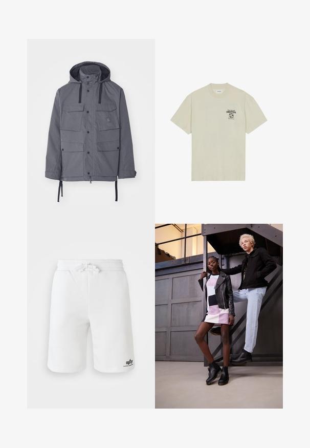 Giacca impermeabile grigia con cappuccio, quattro tasche frontali, bottoni a pressione e cordini regolabili in vita e ai polsini. Tessuto testurizzato.; T-shirt beige a maniche corte in cotone, con una stampa grafica nera nella parte sinistra del petto, contenente testo e un design di un globo.; Pantaloni corti bianchi in cotone con elastico in vita e coulisse. Presentano un logo stampato sul lato sinistro in basso e una texture liscia.; Due modelli posano su una scala metallica. Uno indossa una giacca di pelle nera sopra un abito a righe multicolori e stivaletti neri. L'altro indossa una giacca nera, jeans chiari e stivali neri.
