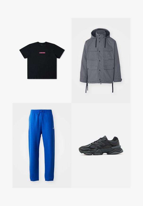 Pelēks ūdensnecaurlaidīgs mētelis ar kapuci, četriem priekšējiem kabatām, spiedpogu aizdari un regulējamo auklu jostasvietā un aprocēs. Strukturēts audums.; Melna kokvilnas t-krekls ar īsām piedurknēm, apaļu kakla izgriezumu un taisnstūrainu rozā "FORMER" logo uz priekšpuses.; Zilas sporta bikses, kas izgatavotas no mīkstas auduma, ar elastīgu jostasvietu un aukliņu, sašaurinātām kājām un nelielu logotipa detaļu sānos.; Melna skriešanas apavi ar jauktu acu audumu un sintētiskiem materiāliem, masīvu zoli, izliekta dizaina elementiem un izteiktu zīmola logotipu uz sāniem.