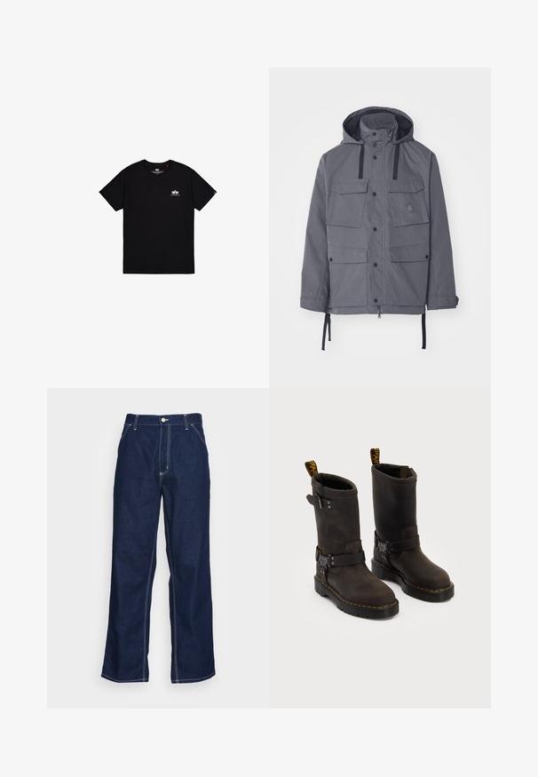 Hallimine hall veekindel jakk, millel on kapuuts, neli esimest taskut, nööbid ja reguleeritavad nöörid talje ja varrukaotsade juures. Tekstureeritud kangas.; Must have must valge logo vasakul rinnal ja silt külje õmblusel. Lihtne disain.; Tumed sinised denim püksid laia säärega, kõrge talje, ees olevate taskutega ja kontrastsete valgete õmblustega õmblustes.; Tumedate pruunid nahast saapad keskmise kannaga, kollased õmblused, reguleeritavad klambrid ja tõmblukud ülaosas. Marmoreeritud viimistlus.