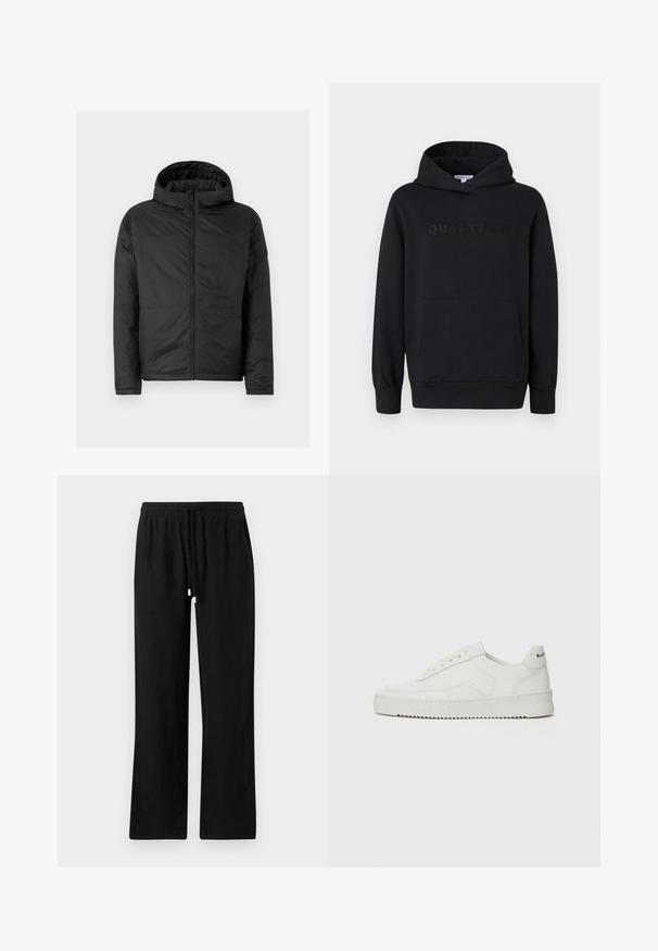 Schwarze Kapuzenjacke mit gestepptem Material, Reißverschluss vorne und zwei unteren Taschen. Sie zeichnet sich durch eine glatte Oberfläche und ein einfaches, modernes Design aus.; Schwarze Kapuzenpullover, weicher Stoff, Pulli-Design, vordertasche im Kängurustil, geprägtes "QUARTZ CO"-Logo auf der Brust, gerippte Bündchen und Saum.; Vilebrequin PACHA - Stoffhose - noir; Weiße Ledersneaker mit glatter Oberfläche, runder Zehenpartie, flachen Schnürsenkeln und strukturiertem Sohlenprofil. Mit einem dezenten Logo an der Ferse.