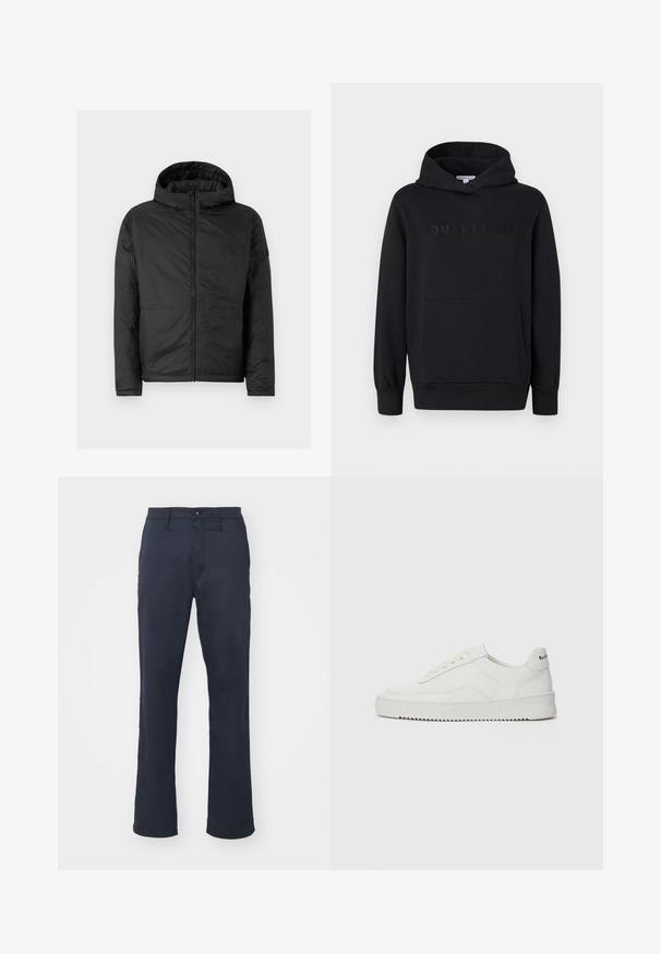 Juoda gobtuvu striukė su siuvinėta tekstūra, priekyje užtrauktukas ir dvi apatinės kišenės. Pasižymi lygiu paviršiumi ir paprastu, moderniu dizainu.; Juodas gobtuvėlis, minkšta medžiaga, pertraukiamo dizaino, priekinė kengūros kišenė, iškilus "QUARTZ CO" logotipas ant krūtinės, raukšlėtai rankogaliai ir apačia.; rag & bone STANDARD - Chino stiliaus kelnės - black; Balti odiniai sportiniai bateliai su lygia apdaila, apvaliu pirštu, plokščiais raišteliais ir tekstūruotu padu. Pasižymi subtiliu logotipu ant kulno.