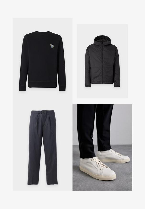 Mustapaitainen huppari, jossa on tikattu pinta, edessä vetoketju ja kaksi alalaatikkoa. Ominaisuudet: sileä pinta ja yksinkertainen, moderni muotoilu.; Musta puuvillainen collegeshirt, jossa on pyöreä kaula-aukko. Rinnassa on värikäs seeprahäntäbrodeeraus sekä ribbikujat hihansuissa ja helmassa.; Tummansiniset housut, jotka on valmistettu pehmeästä kankaasta ja niissä on pleidattu etuosa sekä joustava vyötärö. Varustettu napilla suljettavalla ja suoran lahkeen leikkauksella.; Vaaleanbeige nahkakengät, joissa on litteät nauhat, teksturoitu pinta ja kontrastiväri kermanvalkoinen kumipohja, yhdistettynä mustiin kapeisiin housuihin.