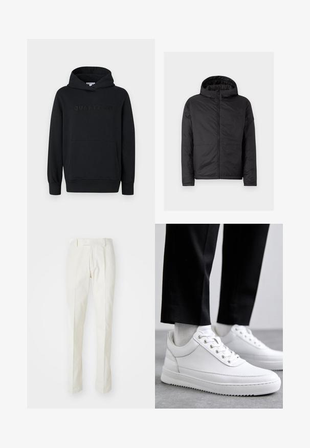 Črna kapuča jakna z kvadratnim vzorcem, sprednjim zadrgo in dvema spodnjima žepoma. Ima gladko površino in preprost, moden dizajn.; Črna kapuca s puloverjem, mehak material, zasnova za oblačenje čez glavo, sprednji kenguru žep, embosirani logo "QUARTZ CO" na prsih, rebrasti manšeti in rob.; Bele hlače iz bombaža, s krojem ravnih nogavic, ravnim sprednjim delom in brez vidnih vzorcev ali kovinskih delov. Gladka tekstura.; Bela usnjena teniska obutev z ravnim gumjastim podplatom, z gladko površino, okroglo kapico in kovinskimi luknjami za vezalke. Nosi se z črnimi hlačami.