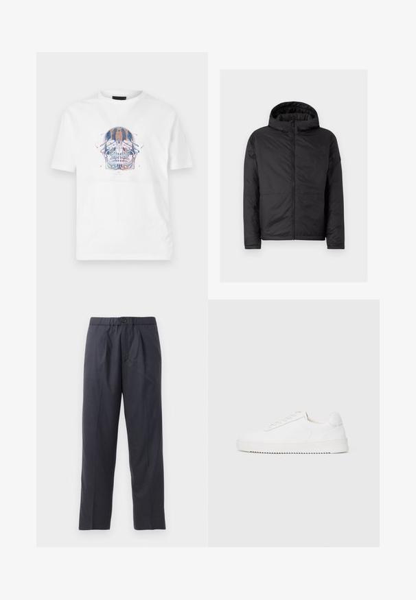 Svart huva jacka med en kviltad textur, frontdragkedja och två nedre fickor. Har en slät yta och en enkel, modern design.; Vit bomullströja med en detaljerad dödskallegrafik i blå, orange och röda nyanser. Standard rund hals och korta ärmar.; Mörk marinblåbyxor av mjukt tyg med veckad design fram och elastisk midja. Har en knappstängning och rak benöppning.; Vit sneaker med en slät läderöverdel, rund tå, snören, strukturerade sidodekorationer och en tjock gummisula. Minimalistisk design.