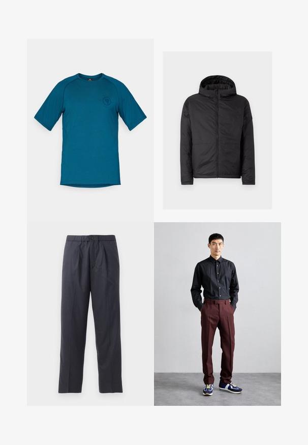 Svart huva jacka med en kviltad textur, frontdragkedja och två nedre fickor. Har en slät yta och en enkel, modern design.; Teal kortärmad t-shirt tillverkad av mjukt tyg. Har rund halsringning och en logotyp på vänster bröstområde. Övergripande enkel design.; Mörk marinblåbyxor av mjukt tyg med veckad design fram och elastisk midja. Har en knappstängning och rak benöppning.; Svart långärmad skjorta med knappar, matchad med högmidjade, bordeauxfärgade byxor och blå sneakers med gröna detaljer. Modellen står med händerna i fickorna.