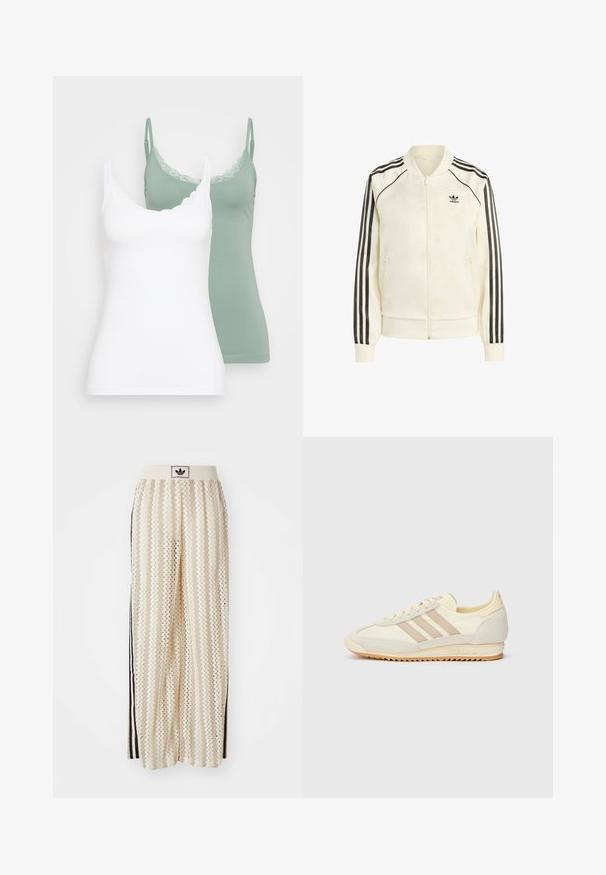 Světlý krémový bomber s černými pruhy na rukávech, žebrovanými manžetami a límcem. Obsahuje zipové zapínání a postranní kapsy. Logo Adidas na hrudi.; Dva topy na ramínka: jeden bílý, druhý šalvějově zelený. Oba mají výstřih lemovaný krajkou a tenké nastavitelné ramínka. Měkká, hladká látka.; Krémové široké kalhoty s cikcak vzorem, s černým logem na pásu a černými pruhy po stranách. Lehčí, texturovaná tkanina.; Krémové sportovní tenisky s třemi béžovými pruhy, z velurové a textilní materiály, s texturovanou podrážkou a embosovaným logem na patě.