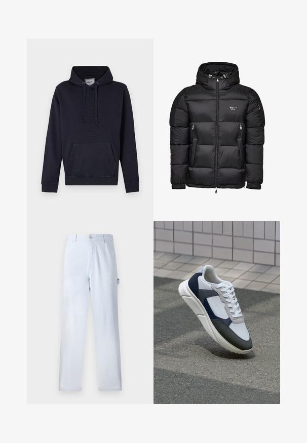 Geacă puffer neagră cu glugă, cu fermoar în față, buzunare laterale cu fermoar și design matlasat. Fabricată dintr-un material lucios și neted.; Hanorac bleu marin cu buzunar frontal de tip kangaroo, glugă cu șnur și detaliu cu logo embosat pe piept. Fabricat dintr-un material moale din amestec de bumbac.; Pantaloni de bumbac raiati de culoare bleu deschis. Design cu picioare drepte, dotati cu un închidere frontală cu nasture și buzunare laterale. Textură moale.; Tenisi albi, bleumarin și gri, cu un design din materiale mixte, având un superior texturat, șireturi plate și o talpă căptușită.