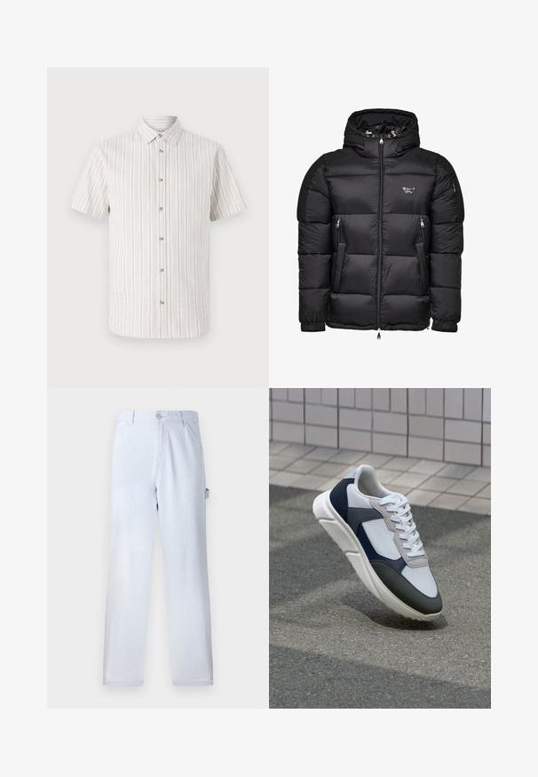 Giacca a vento nera con cappuccio, dotata di chiusura lampo frontale, tasche laterali con zip e design trapuntato. Realizzata in materiale lucido e liscio.; Camicia a maniche corte in tessuto beige chiaro con sottili righe verticali. Include un colletto con bottoni e chiusura frontale a cinque bottoni.; Pantaloni a righe blu chiaro realizzati in cotone. Design a gamba dritta, con chiusura frontale a bottone e tasche laterali. Texture morbida.; Sneaker bianca, blu navy e grigia con un design a materiali misti, caratterizzata da una tomaia testurizzata, lacci piatti e una suola imbottita.