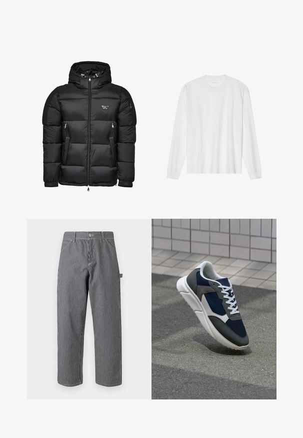 Doudoune noire avec capuche, dotée d'une fermeture éclair sur le devant, de poches latérales zippées et d'un design matelassé. Fabriquée en matériau brillant et lisse.; T-shirt en coton blanc à manches longues avec un col rond et des poignets côtelés. Design simple et sans ornements, avec une texture lisse et une coupe standard.; Pantalons rayés en tissu mélangé coton, avec des rayures verticales noires et blanches, une fermeture à bouton et un design de poches latérales.; Baskets avec une tige en mesh bleu marine, des accents en suède gris, une semelle en caoutchouc blanc et des lacets plats blancs, conçues pour le confort et la respirabilité.