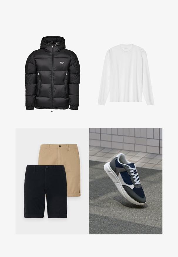 Čierna páperová bunda s kapucňou, so zipsom vpredu, zipsovými bočnými vreckami a prešívaným dizajnom. Vyrobená z lesklého hladkého materiálu.; Dlhý rukáv, biela bavlnená tričko s okrúhlym výstrihom a rebrovanými manžetami. Jednoduchý, bezvýzdobový dizajn s hladkou textúrou a štandardným strihom.; Dvoje šortiek: jedny navy modré a jedny khaki. Obe sú vyrobené z bavlny, majú plochý predný diel, rolovaný lem a zapínanie na gombík.; Tenisky s sieťovinou v námorníckej modrej farbe, so sivými semišovými detailmi, bielou gumovou podrážkou a plochými bielymi šnúrkami, navrhnuté pre pohodlie a priedušnosť.