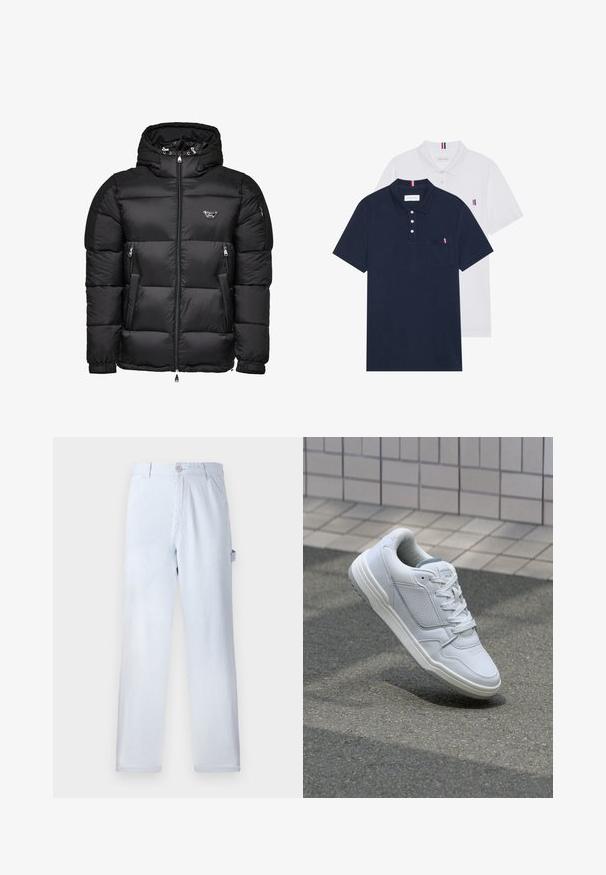 Zwarte pufferjack met capuchon, voorzien van een rits aan de voorkant, ritszakken aan de zijkant en een doorgestikt ontwerp. Gemaakt van glanzend, glad materiaal.; Twee polo shirts: één marineblauw en één wit, beide met een kleine rood, wit en blauwe accent op de borstzak en kraag.; Lichtblauwe gestreepte broek van katoen. Rechtaf hangend ontwerp, met een voorknopsluiting en zijzakken. Zachte textuur.; Witte lederen sneaker met geperforeerde zijkanten, gestructureerde accenten, platte veters en een contrasterende grijze hiel. Voorzien van een iets verhoogde zool.