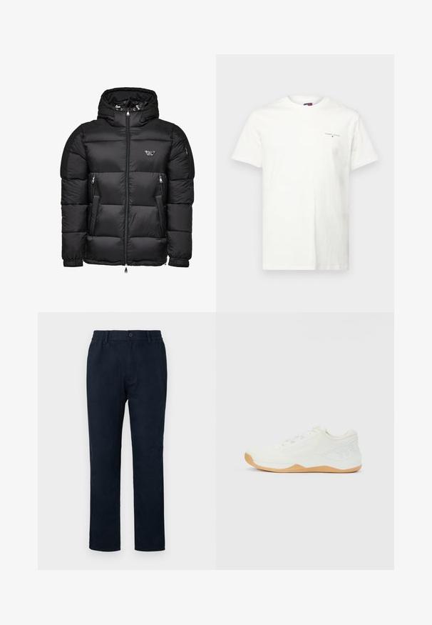 Juodas pūkinis švarkas su kapišonu, su užtrauktuku priekyje, užtrauktukais šoninėse kišenėse ir siuvinėta struktūra. Pagamintas iš blizgaus, lygaus audinio.; Balta medvilnės marškinėlį su trumpomis rankovėmis, V formos iškirpte ir mažuoju siuvinėtų logotipu kairėje krūtinės pusėje. Slydus paviršius ir įprasta fasonas.; Jūriniai chinos kelnės su elastingu juosmeniu, priekyje užsegamos mygtuku ir tiesaus kirpimo. Lygus paviršius be matomų raštų.; Balti žemi sportiniai batai su megztu viršumi, šviesiai ruda guma, raišteliais ir pakeltu "TYR" logotipu ant kulno šono.