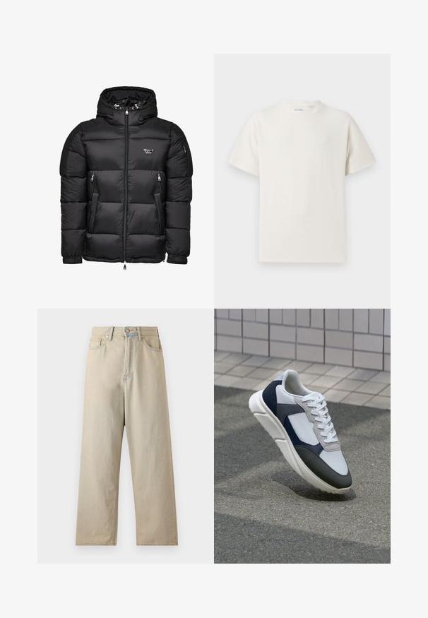 Chaqueta acolchada negra con capucha, que cuenta con un frontal con cremallera, bolsillos laterales con cremallera y un diseño acolchado. Fabricada con un material brillante y suave.; Camiseta blanca de manga corta en textura acanalada. Cuello redondo, corte relajado, sin patrones ni acentos visibles. Diseño simple y versátil.; Jeans de corte ancho en un color beige claro, con cintura alta, fabricados en tejido de mezclilla. Cuentan con el clásico estilo de cinco bolsillos y un ligero desvanecido.; Zapatilla blanca, azul marino y gris con un diseño de materiales mixtos, que presenta una parte superior texturizada, cordones planos y una suela acolchada.