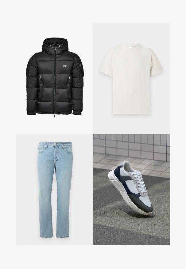 Fekete steppelt kabát kapucnival, elöl cipzárral, oldalsó cipzáras zsebekkel, és steppelt mintával. Fényes, sima anyagból készült.; Fehér, rövid ujjú póló bordázott textúrával. Kerek nyakkivágás, laza szabás, nincs látható minta vagy díszítés. Egyszerű és sokoldalú dizájn.; Világoskék farmernadrág egyenes szabású, öt zsebbel és gombos derékkal, sík felületen, fehér háttér előtt elhelyezve.; Fehér, tengerészkék és szürke sneaker vegyes anyagokból készült dizájnnal, amely textúrázott felsőrésszel, lapos fűzőkkel és párnázott talppal rendelkezik.