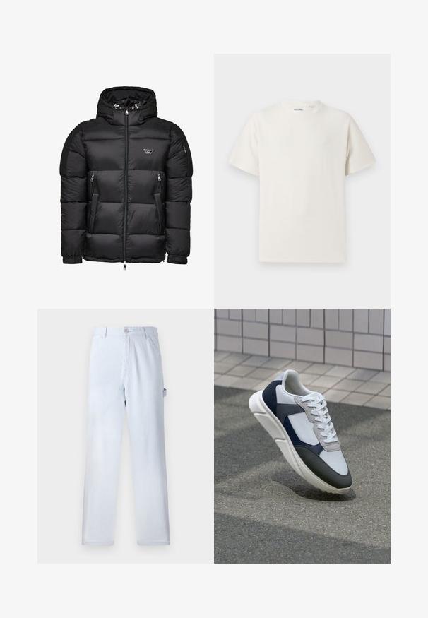 Mustat puffatakkia, jossa on huppu, vetoketjullinen etuosa, vetoketjulliset sivutaskut ja tikkikuvio. Valmistettu kiiltävästä, sileästä materiaalista.; Valkoinen lyhythihainen T-paita ribbikuviossa. Pyöreä kaula-aukko, rento istuvuus, ei näkyviä kuvioita tai yksityiskohtia. Yksinkertainen ja monikäyttöinen muotoilu.; Vaaleansinisiä raidallisia housuja, jotka on valmistettu puuvillasta. Suora lahjemuotoilu, jossa on etunappi ja sivutaskut. Pehmeä pinta.; Valkoinen, laivastonsininen ja harmaa tennari sekamateriaalimuotoilulla, jossa on teksturoitu päällinen, litteät nauhat ja pehmustettu pohja.