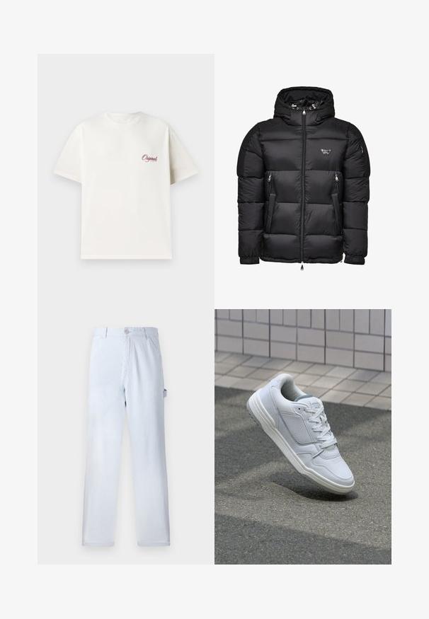 Sort pufferjakke med hætte, der har en lynlåslukning foran, lynlåslommer i siden og quiltet design. Lavet af skinnende, glat materiale.; Hvid bomuld t-shirt med korte ærmer, rund halsudskæring og et lille rødt trykt logo på venstre brystområde. Glat tekstur.; Lysblå stribede bukser lavet af bomuld. Lige ben design med knaplukning foran og sidelommer. Blød tekstur.; Hvide lædersneakers med perforerede sider, teksturerede detaljer, flade snørebånd og en kontrasterende grå hæl. Har en let forhøjet sål.