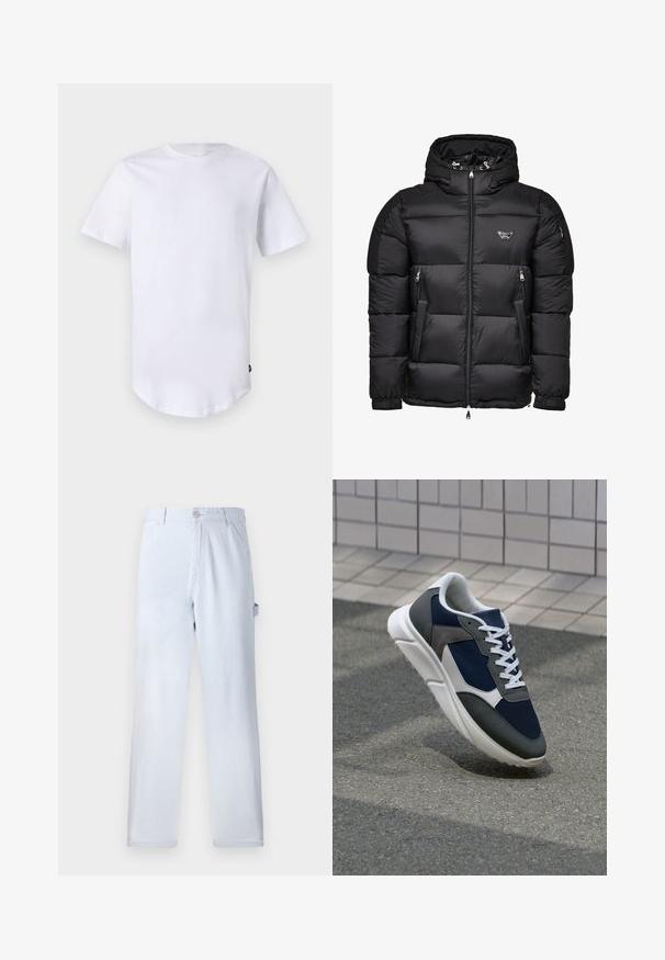 Sort pufferjakke med hætte, der har en lynlåslukning foran, lynlåslommer i siden og quiltet design. Lavet af skinnende, glat materiale.; Hvid kortærmet t-shirt lavet af bomuld. Rund halsudskæring med en buet kant. Etiket synlig på nederste venstre side. Glat tekstur.; Lysblå stribede bukser lavet af bomuld. Lige ben design med knaplukning foran og sidelommer. Blød tekstur.; Sneakers med en overdel i marineblå mesh, grå suedeteksturer, hvid gummisål og flade hvide snørebånd, designet til komfort og åndbarhed.